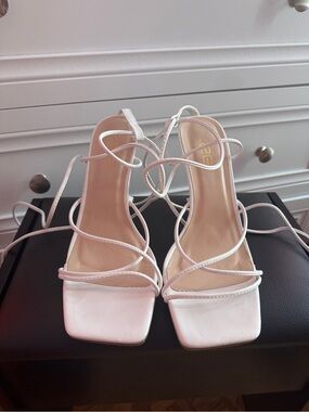 Strappy White Lace-Up Square-Toe Heels